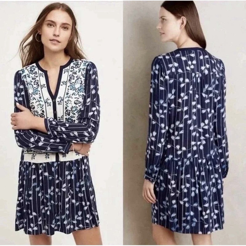 Anthropologie TINY Semele Shirt Dress Nay Blue Embroidered Size Large Boho Chic
